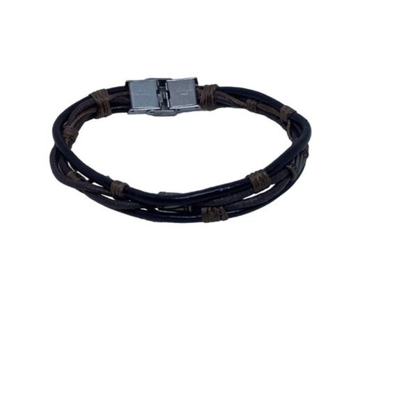 Unisex Brown Leather Rope Wrist Bracelet with Stainless Steel - Picture 1 of 7